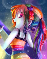 Size: 2400x3000 | Tagged: safe, artist:whitediamonds, derpibooru import, rainbow dash, equestria girls, equestria girls series, spring breakdown, spoiler:eqg series (season 2), clothes, dress, female, guitar, image, looking at you, looking back, looking back at you, musical instrument, open mouth, png, ponytail, rain, singing, smiling, smiling at you, solo, wet, wet hair