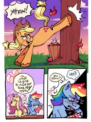 Size: 1530x2048 | Tagged: safe, artist:maddzroks, derpibooru import, applejack, fluttershy, rainbow dash, earth pony, pegasus, pony, unicorn, apple, applebucking, applejack mid tree-buck facing the left with 3 apples falling down, applejack mid tree-buck with 3 apples falling down, bucking, chinese finger trap, comic, falling, female, finger trap, food, g4, grossed out, image, implied appleshy, implied lesbian, implied shipping, innuendo, lesbian, mare, png, shipping, speech bubble