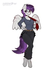 Size: 2634x3408 | Tagged: safe, artist:dandy, derpibooru import, oc, oc:ardyn valentine, unofficial characters only, anthro, pegasus, unguligrade anthro, belt, breasts, clothes, commission, ear fluff, female, frills, glasses, hand on hip, high res, image, long pants, looking at you, pegasus oc, png, shirt, simple background, smiling, smiling at you, solo, spread wings, white background, wings