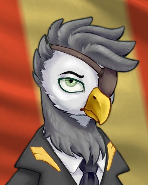 Size: 1024x1280 | Tagged: safe, artist:mr.catfish, derpibooru import, oc, unofficial characters only, gryphon, equestria at war mod, bust, clothes, eaw redux, eyebrows, eyepatch, gray coat, green eyes, image, jpeg, looking at you, male, necktie, portrait, shirt, simple background, solo