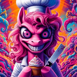 Size: 1024x1024 | Tagged: grimdark, ai content, derpibooru import, machine learning generated, prompter:pinkamenausuario, pinkie pie, fanfic:cupcakes, bipedal, blood, creepy, creepy grin, grin, image, jpeg, smiling, solo