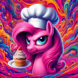 Size: 1024x1024 | Tagged: grimdark, ai content, derpibooru import, machine learning generated, prompter:pinkamenausuario, pinkie pie, fanfic:cupcakes, bipedal, blood, creepy, g4, grin, image, jpeg, smiling, solo