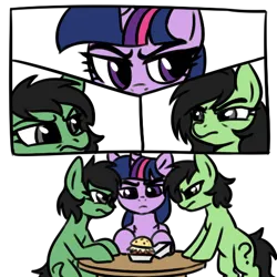 Size: 512x512 | Tagged: safe, artist:anonymous, twilight sparkle, oc, oc:anonfilly, earth pony, pony, unicorn, /mlp/, 4chan, bipedal, bipedal leaning, burger, comic, female, filly, food, gray eyes, hay burger, image, leaning, looking at each other, mare, mexican standoff, multeity, png, requested art, simple background, sitting, table, the good the bad and the ugly, transparent background, trio
