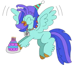 Size: 2514x2197 | Tagged: safe, artist:supahdonarudo, derpibooru import, oc, oc:sea lilly, unofficial characters only, classical hippogriff, hippogriff, birthday, birthday cake, cake, candle, flying, food, happy, hat, holding, image, party hat, png, simple background, transparent background