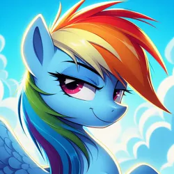 Size: 1024x1024 | Tagged: safe, ai content, artist:meshari7, derpibooru import, machine learning generated, rainbow dash, pegasus, pony, bust, cloud, faic, female, g4, generator:dall-e 3, image, jpeg, lidded eyes, looking at you, mare, sky, smiling, smiling at you, smirk, smug, smugdash, solo, spread wings, wings