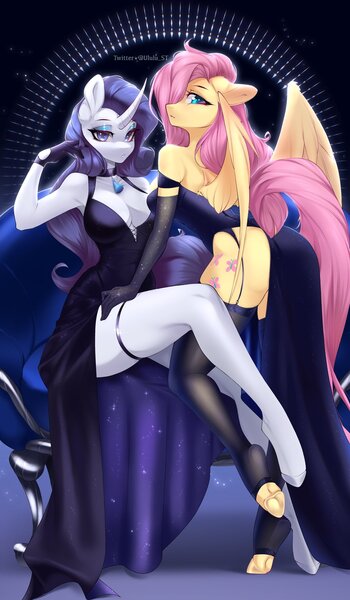 Size: 1196x2048 | Tagged: suggestive, artist:u_lu_lu, derpibooru import, fluttershy, rarity, anthro, absolute cleavage, big breasts, breasts, busty fluttershy, busty rarity, cleavage, clothes, curved horn, evening gloves, floppy ears, g4, garter, garter straps, gloves, hair over one eye, horn, image, jpeg, lidded eyes, long gloves, looking at you, side slit, socks, stockings, thigh highs, toeless legwear, toeless stockings