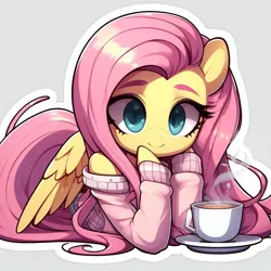 Size: 1024x1024 | Tagged: safe, ai content, derpibooru import, machine learning generated, prompter:fluttershysaidsyayyy, fluttershy, pegasus, pony, clothes, coffee, coffee cup, cup, cute, female, g4, generator:bing image creator, gray background, hoof on cheek, hoof on chin, image, jpeg, leaning on table, looking at you, mare, off shoulder, off shoulder sweater, shyabetes, simple background, smiling, smiling at you, solo, sticker, sweater, sweatershy