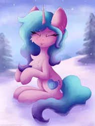 Size: 1550x2048 | Tagged: safe, artist:gaffy, derpibooru import, izzy moonbow, pony, unicorn, g5, cheek fluff, chest fluff, cute, ear fluff, eyes closed, horn, image, izzybetes, jpeg, sitting, snow, snowflake, solo, tongue out, winter