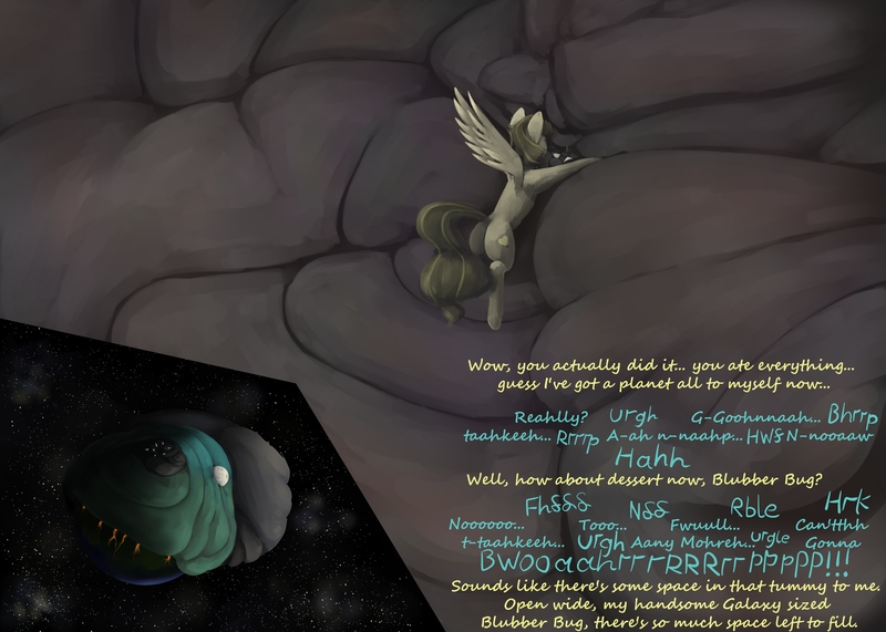 Size: 3500x2500 | Tagged: questionable, artist:lupin quill, derpibooru import, oc, oc:barbed retort, unofficial characters only, anthro, changeling, pegasus, pony, unguligrade anthro, series:the changeling who came to stay (weight gain), belly, big belly, bingo wings, blob, blobface, burp, butt, changeling oc, changeling overfeeding, chunkling, dialogue, fat, fat fetish, feedee, feeder, fetish, flabby chest, food, gay, huge belly, huge butt, image, immobile, impossibly large belly, impossibly large butt, large butt, lava, lineless, magic, male, moon, morbidly obese, mountain, muffled words, obese, onomatopoeia, panting, pegasus oc, planet, png, pony bigger than a planet, property damage, rolls of fat, space, spaceship, spread wings, stars, stomach noise, stuffed, stuffed belly, stuffing, tree, weight gain, wingboner, wings