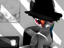 Size: 2579x1944 | Tagged: safe, artist:xafilah, derpibooru import, rainbow dash, pegasus, pony, 3d, black and white, g4, glass, gmod, grayscale, image, looking at you, monochrome, noir, png, sitting, solo