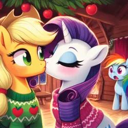 Size: 1024x1024 | Tagged: prompter needed, safe, ai content, derpibooru import, machine learning generated, applejack, rainbow dash, rarity, earth pony, pegasus, pony, unicorn, apple, blushing, caught, christmas, christmas sweater, clothes, cowboy hat, cute, eyes closed, eyes open, female, fireplace, food, g4, generator:dall-e 3, hat, holiday, hut, image, jpeg, kissing, lesbian, mare, rarijack, shipping, shocked, shocked expression, sweater, trio, trio female, wood