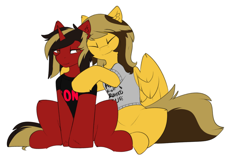 Size: 2053x1382 | Tagged: safe, artist:beardie, derpibooru import, ponified, pegasus, pony, unicorn, alex gaskarth, all time low, clothes, commission, duo, duo male, dyed mane, dyed tail, eyes closed, gay, happy, horn, hug, image, jack barakat, male, partially open wings, png, shipping, shirt, simple background, sitting, smiling, stallion, t-shirt, tail, transparent background, wings