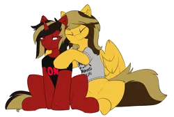Size: 2053x1382 | Tagged: safe, artist:beardie, derpibooru import, ponified, pegasus, pony, unicorn, alex gaskarth, all time low, clothes, commission, duo, duo male, dyed mane, dyed tail, eyes closed, gay, happy, horn, hug, image, jack barakat, male, partially open wings, png, shipping, shirt, simple background, sitting, smiling, stallion, t-shirt, tail, transparent background, wings