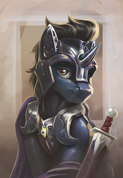 Size: 1380x2000 | Tagged: safe, artist:richmay, derpibooru import, oc, oc:slashing prices, unofficial characters only, pony, unicorn, armor, badge, bust, cape, clothes, commission, helmet, horn, image, male, png, portrait, royal guard, royal guard armor, solo, stallion, sword, unicorn oc, weapon