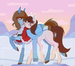 Size: 1985x1751 | Tagged: safe, artist:ruru_01, derpibooru import, oc, unofficial characters only, earth pony, pony, boop, clothes, coat, commission, complex background, dawn, full body, image, looking at each other, looking at someone, noseboop, png, scarf, snow, two toned mane, winter, winter outfit