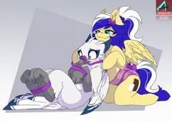 Size: 1100x778 | Tagged: suggestive, artist:arctic-fox, derpibooru import, oc, oc:animatedpony, unofficial characters only, gryphon, pegasus, bondage, bow, clothes, eyebrows, eyebrows visible through hair, hair bow, image, jpeg, lingerie, panties, pegasus oc, spread wings, tail, tail bow, tied up, underwear, wings
