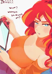 Size: 1400x2000 | Tagged: safe, artist:sozglitch, derpibooru import, sunset shimmer, human, bare shoulders, big breasts, blushing, breasts, busty sunset shimmer, cleavage, dialogue, female, huge breasts, humanized, image, jpeg, looking at you, nintendo switch, splatoon, sweat, sweatdrop, talking to viewer