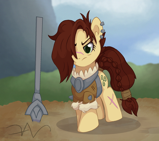 Size: 1800x1600 | Tagged: safe, artist:swasfews, derpibooru import, steela oresdotter, earth pony, image, jpeg, solo, spear, weapon