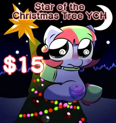 Size: 3200x3400 | Tagged: safe, artist:cushyhoof, derpibooru import, oc, oc:cascade throw, earth pony, pony, advertisement, christmas, christmas star, christmas tree, clothes, collar, commission, cute, earth pony oc, female, gloves, holiday, image, mare, night, ocbetes, ornament, png, solo, tree, wingding eyes, your character here