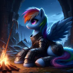 Size: 1024x1024 | Tagged: safe, ai content, machine learning generated, ponerpics import, ponybooru import, rainbow dash, pegasus, pony, armor, bing, female, fire, image, jpeg, mare, night, ruins, sad, sitting, solo, spread wings, weapon, wings
