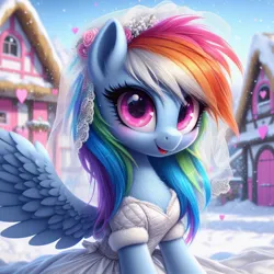 Size: 1024x1024 | Tagged: safe, ai content, machine learning generated, ponerpics import, ponybooru import, rainbow dash, pegasus, pony, bing, blushing, chest fluff, clothes, dress, female, flower, flower in hair, image, jpeg, looking at you, mare, one wing out, ponyville, smiling, smiling at you, snow, solo, veil, wedding dress, white dress, wings, winter