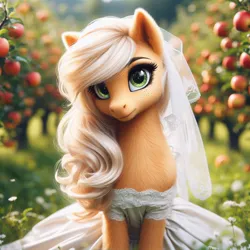 Size: 1024x1024 | Tagged: safe, ai content, machine learning generated, ponerpics import, ponybooru import, applejack, earth pony, pony, alternate hairstyle, apple, bing, clothes, dress, female, flower, fluffy, food, image, jpeg, looking at you, mare, missing accessory, solo, veil, wedding dress, white dress