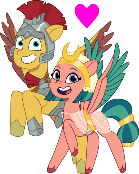 Size: 1200x1502 | Tagged: safe, artist:prixy05, derpibooru import, edit, vector edit, flash magnus, somnambula, pegasus, pony, g5, my little pony: tell your tale, duo, duo male and female, egyptian, egyptian headdress, egyptian pony, female, flying, g4, g4 to g5, generation leap, heart, helmet, image, magnambula, male, png, shipping, simple background, stallion, straight, transparent background, vector
