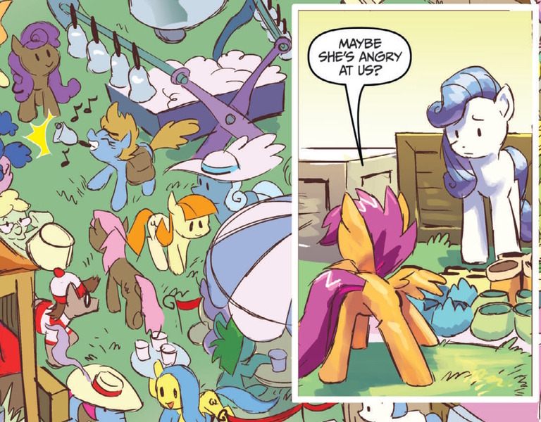 Size: 1258x983 | Tagged: safe, derpibooru import, idw, scootaloo, spoiler:comicm07, butt, dialogue, g4, image, jpeg, plot, scootabutt, speech bubble, waldo, waldo pony, where's waldo