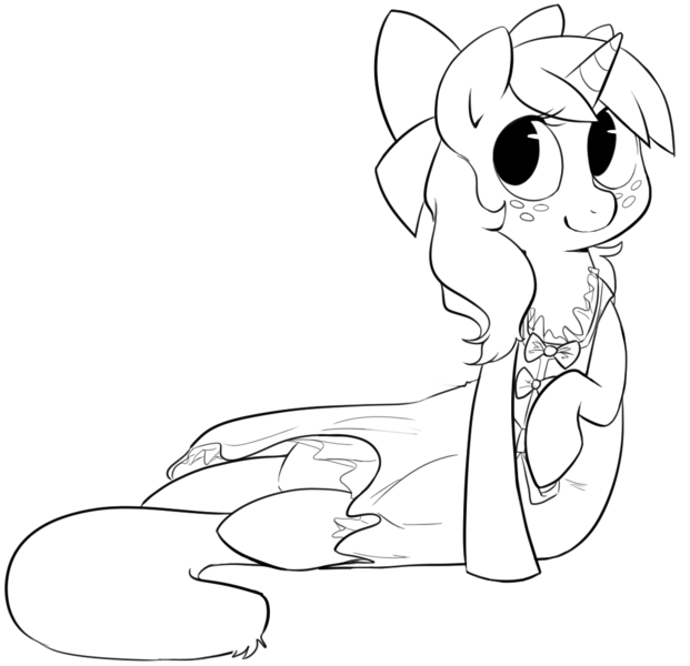 Size: 1023x989 | Tagged: safe, artist:briskby, derpibooru import, oc, oc:red ribbon, pony, unicorn, clothes, female, image, mare, monochrome, nightgown, png, solo