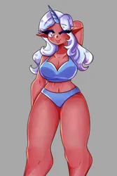 Size: 1800x2700 | Tagged: safe, artist:mylittleyuri, derpibooru import, trixie, human, :p, alternate hairstyle, belly button, blue underwear, bra, breasts, busty trixie, clothes, cute, dark skin, diatrixes, elf ears, female, gray background, horn, horned humanization, humanized, image, midriff, one eye closed, panties, png, simple background, solo, tongue out, underwear, wink