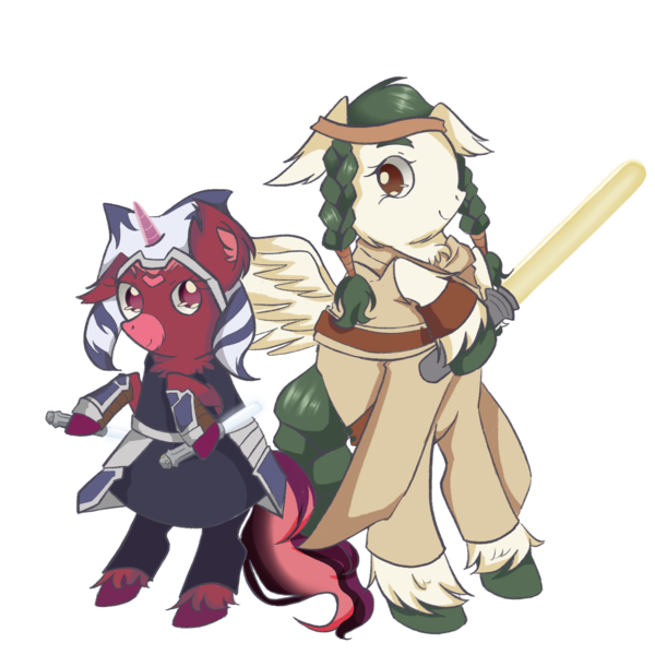 Size: 4000x4000 | Tagged: safe, artist:sumi-mlp25, derpibooru import, oc, oc:olivia leaf, oc:venus red heart, unofficial characters only, pegasus, pony, unicorn, derpibooru community collaboration, 2024 community collab, absurd resolution, ahsoka tano, belt, bipedal, clothes, cosplay, costume, crossover, duo, female, headband, image, lightsaber, mare, markings, multicolored hair, pants, png, rey, robes, simple background, skirt, star wars, transparent background, unshorn fetlocks, weapon