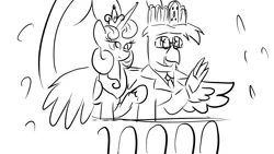 Size: 1366x768 | Tagged: safe, artist:truffle shine, derpibooru import, princess flurry heart, oc, oc:grover vi, equestria at war mod, balcony, crown, glasses, image, jewelry, older, older flurry heart, png, regalia, sketch