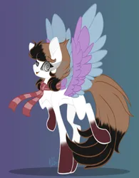 Size: 1835x2358 | Tagged: safe, artist:donnie-moon, derpibooru import, oc, unofficial characters only, pegasus, pony, abstract background, clothes, coat markings, female, image, mare, pegasus oc, png, scarf, signature, socks (coat marking), sombra eyes, swirly eyes, two toned wings, wings