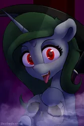 Size: 2048x3072 | Tagged: safe, artist:darbedarmoc, derpibooru import, night light, oc, oc:minerva, pony, unicorn, column, edgy, fangs, fog, image, insanity, looking at you, night, png, red eyes, scythe, skull, solo, temple, tongue out