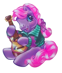 Size: 1093x1280 | Tagged: safe, derpibooru import, sweetsong, earth pony, pony, blue eyes, bow, braid, clothes, g3, guitar, guitar pick, hair bow, happy, image, musical instrument, pink hair, playing instrument, png, shirt, simple background, sitting, sweater, transparent background