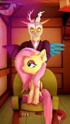 Size: 2160x3840 | Tagged: safe, artist:silkworm205, derpibooru import, discord, fluttershy, draconequus, pegasus, pony, 3d, beard, chair, clothes, colored eyebrows, discord day, discoshy, ear piercing, earring, facial hair, female, fluffy mane, fluttergoth, folded wings, goth, image, interior, jewelry, looking at someone, looking sideways, male, necklace, piercing, png, revamped ponies, shipping, shirt, sitting, source filmmaker, spread wings, straight, stroking, suit, unshorn fetlocks, wings