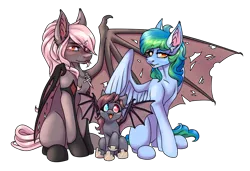 Size: 2674x1831 | Tagged: safe, artist:pissbaby, derpibooru import, oc, oc:camille, oc:rosa cavalier, oc:seafoam wake, pony, undead, vampire, vampony, cute, female, filly, foal, heterochromia, image, mare, png, simple background, spread wings, torn wings, transparent background, trio, trio female, webbed wings, wings