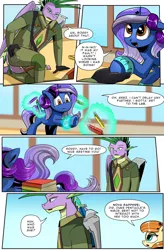 Size: 1280x1949 | Tagged: safe, artist:candyclumsy, derpibooru import, spike, oc, oc:nova sapphire, pony, unicorn, comic:revolution of harmony, book, broken horn, female, horn, image, jpeg, male, mare, older, older spike, unicorn oc