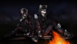 Size: 1280x729 | Tagged: safe, artist:limreiart, derpibooru import, oc, anthro, earth pony, zebra, armor, campfire, earth pony oc, energy drink, hood, ice cream cone, image, jpeg, night, s.t.a.l.k.e.r., zebra oc