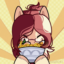 Size: 1000x1000 | Tagged: safe, artist:muakki07, derpibooru import, oc, unofficial characters only, abstract background, animated, bust, eating, enjoying, eyes closed, floppy ears, food, gif, glasses, happy, image, noodles, portrait, ramen, ramen face, slurping, solo, unshorn fetlocks