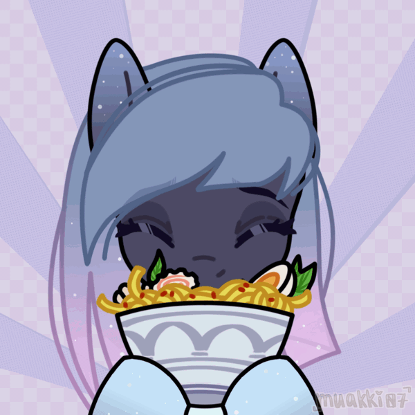 Size: 1000x1000 | Tagged: safe, artist:muakki07, derpibooru import, oc, unofficial characters only, abstract background, animated, bust, eating, enjoying, eyes closed, floppy ears, food, gif, happy, image, noodles, portrait, ramen, ramen face, slurping, solo, sparkles