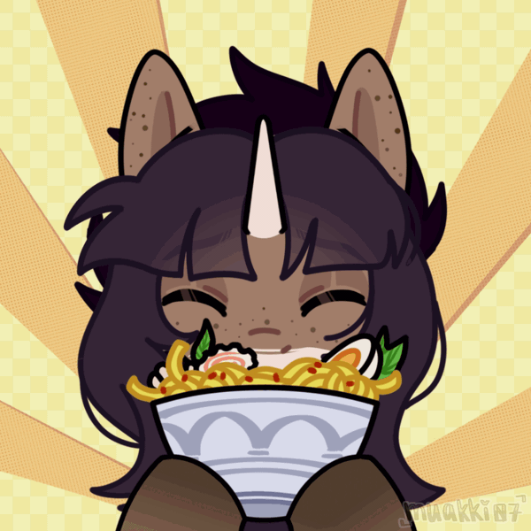 Size: 1000x1000 | Tagged: safe, artist:muakki07, derpibooru import, oc, unofficial characters only, unicorn, abstract background, animated, bust, eating, enjoying, eyes closed, floppy ears, food, freckles, gif, happy, horn, image, noodles, portrait, ramen, ramen face, slurping, solo