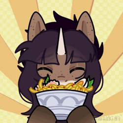Size: 1000x1000 | Tagged: safe, artist:muakki07, derpibooru import, oc, unofficial characters only, unicorn, abstract background, animated, bust, eating, enjoying, eyes closed, floppy ears, food, freckles, gif, happy, horn, image, noodles, portrait, ramen, ramen face, slurping, solo