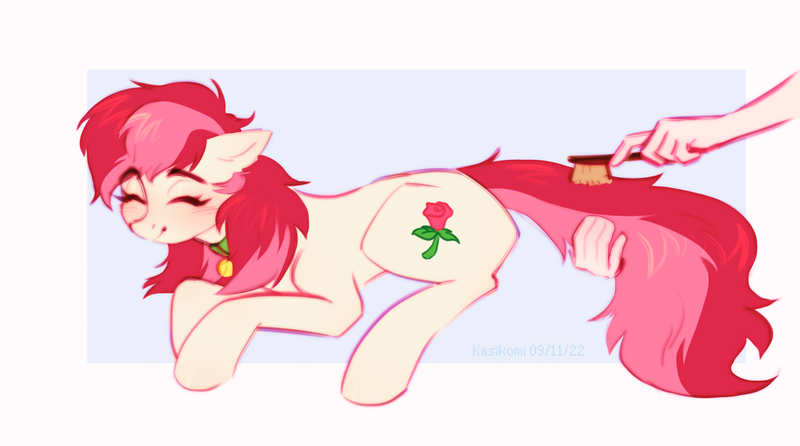 Size: 2129x1186 | Tagged: safe, artist:kasikomi, derpibooru import, roseluck, human, pony, brush, collar, commission, commissioner:doom9454, cute, hand, image, pet tag, png, pony pet, rosepet