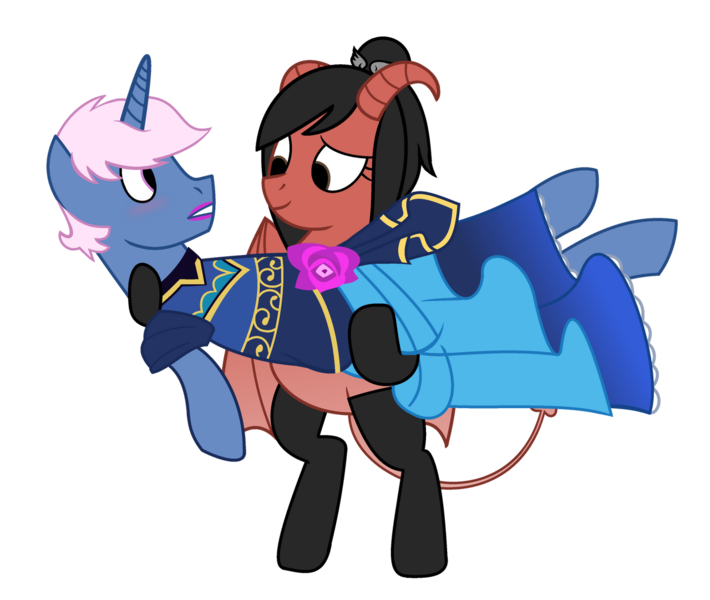 Size: 1280x1082 | Tagged: safe, artist:grapefruit-face, derpibooru import, oc, oc:azure/sapphire, oc:zaria deibele, bat pony, demon, demon pony, original species, pegasus, succubus, unicorn, bridal carry, carrying, clothes, crossdressing, dress, femboy, image, lipstick, makeup, male, png, simple background