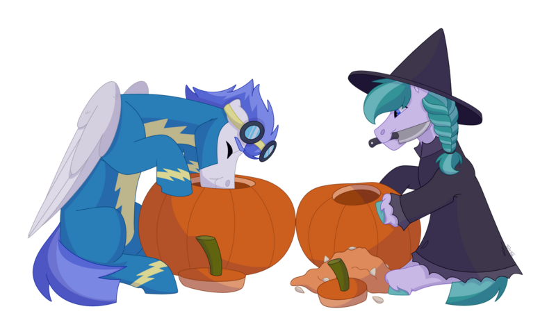 Size: 1280x732 | Tagged: safe, artist:itstechtock, derpibooru import, oc, oc:emerald grove, earth pony, pegasus, pony, clothes, costume, halloween, holiday, image, knife, nightmare night costume, png, pumpkin, pumpkin carving, simple background, transparent background