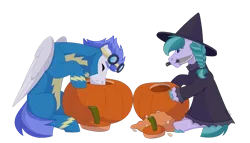 Size: 1280x732 | Tagged: safe, artist:itstechtock, derpibooru import, oc, oc:emerald grove, earth pony, pegasus, pony, clothes, costume, halloween, holiday, image, knife, nightmare night costume, png, pumpkin, pumpkin carving, simple background, transparent background