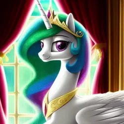 Size: 1024x1024 | Tagged: safe, derpibooru import, editor:dovakkins, machine learning generated, purplesmart.ai, stable diffusion, princess celestia, alicorn, pony, beautiful, bust, cute, cutelestia, female, image, jewelry, looking back, png, regalia, smiling, solo, window