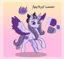 Size: 1280x1191 | Tagged: safe, artist:ladypastal, derpibooru import, oc, oc:amethyst lavender, unofficial characters only, alicorn, pony, alicorn oc, bow, colored wings, cutie mark, female, gradient background, hair bow, horn, image, jpeg, magical lesbian spawn, mare, offspring, parent:inky rose, parent:oc:flora may, parent:starlight glimmer, reference sheet, shadow, signature, solo, wings
