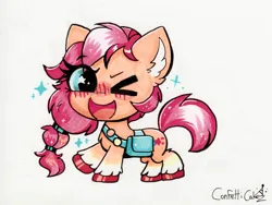 Size: 1775x1332 | Tagged: safe, artist:confetticakez, derpibooru import, sunny starscout, earth pony, pony, bag, blushing, buttons, chibi, copic, ear fluff, g5, hair tie, image, looking at you, one eye closed, open mouth, png, solo, traditional art, unshorn fetlocks, wingding eyes, wink